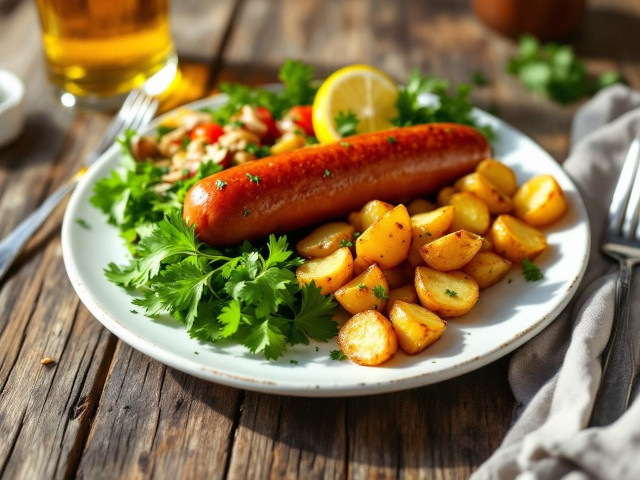 Turkey bratwurst with roasted potatoes and salad