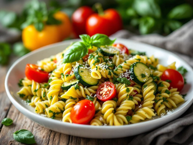 Vegan Pasta with fresh market vegetables and pesto