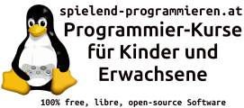 A sitting penguin holding a gamepad, next to the text: 'programming courses for children and adults; 100% free, libre, open-source software'